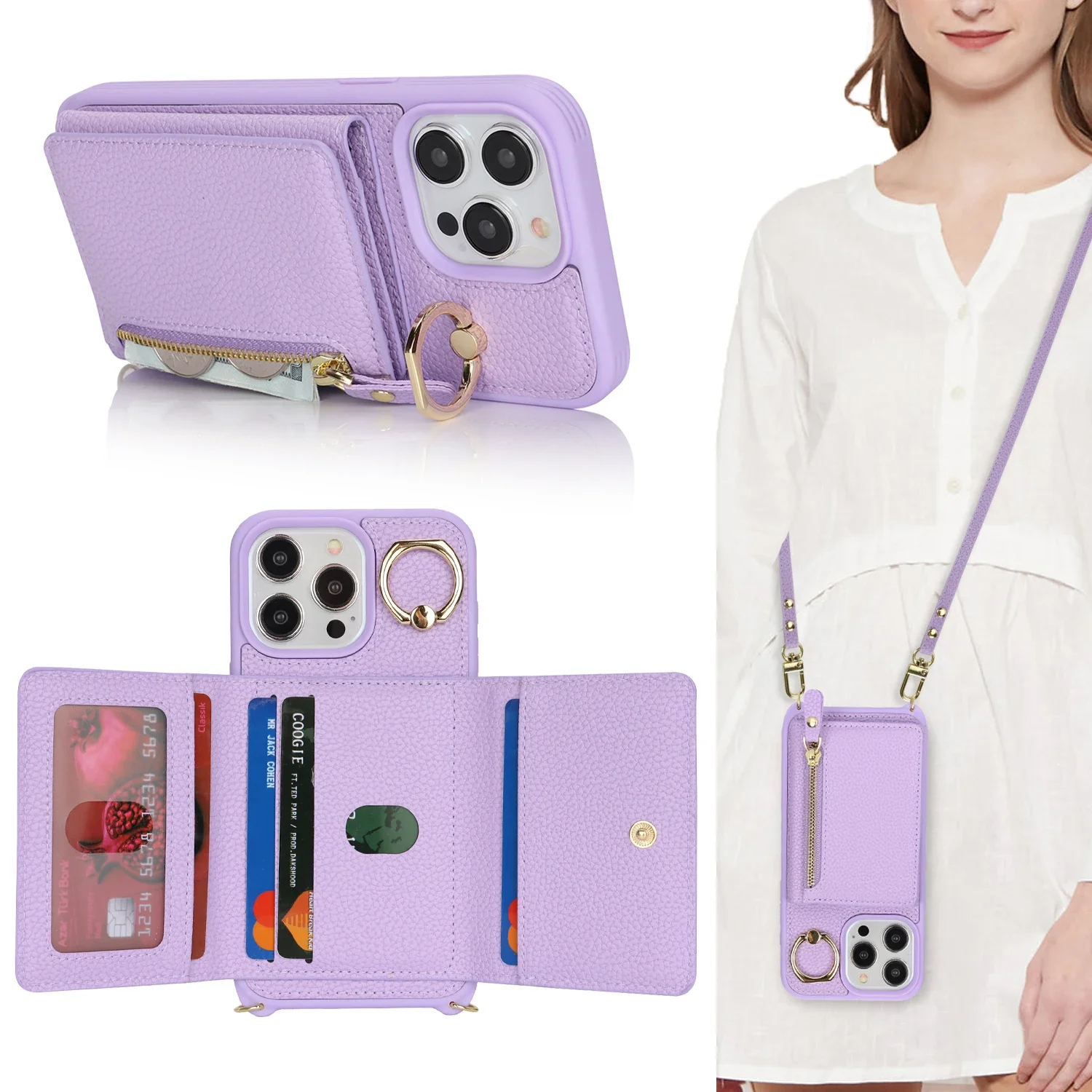 Elegant Crossbody Leather Wallet Case with Ring Holder and Zippered Card Pocket