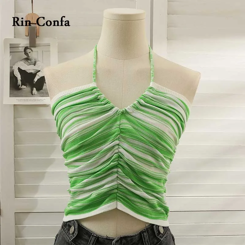 

Rin Confa Summer V-Neck Small Striped Halter Top Women Sexy Backless Short Crop Tops Fashion Shirring All-Match Knitting Top