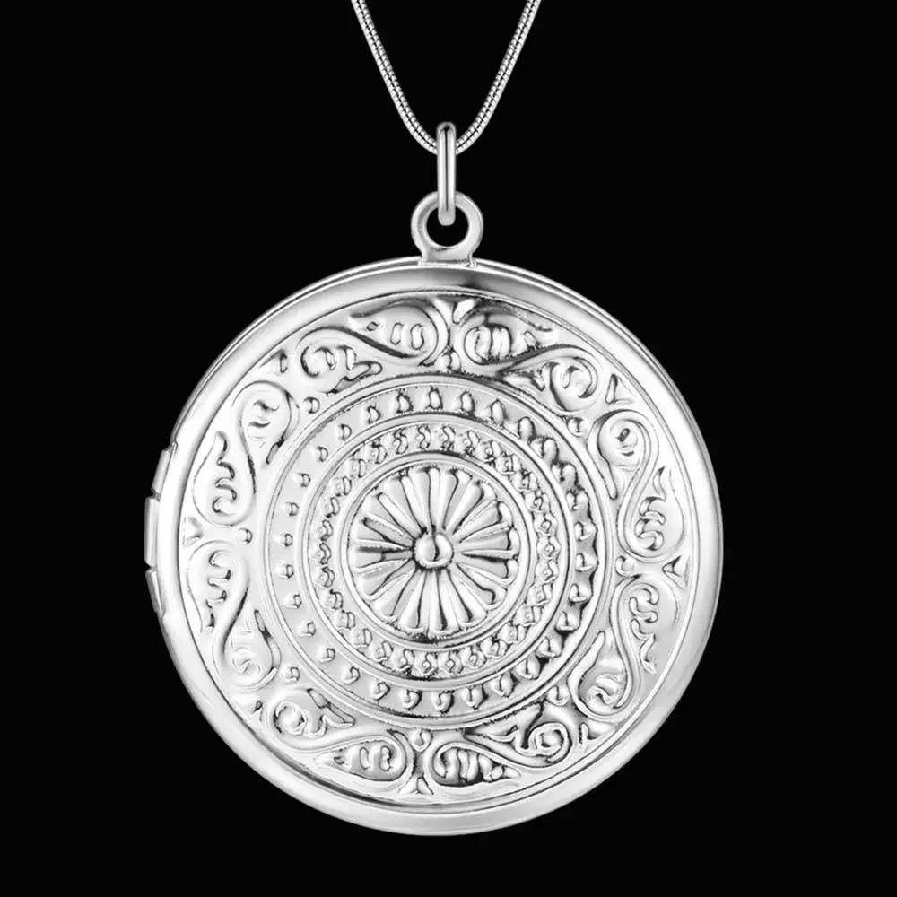925 Sterling Silver Woman's Classic Round Photo Frame Pendant Necklace for Wedding Party,jewelry holiday gifts,pendant necklace,silver necklace,silver pendant