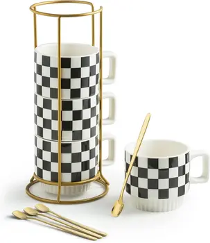 Stackable Coffee Mug Set of 4 with Rack – Black & White Checkered 1