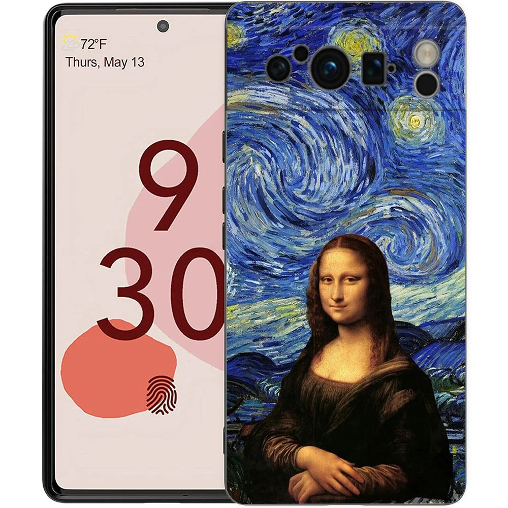 Artistic Shockproof Black Silicone Phone Case with David and Mona Lisa Design