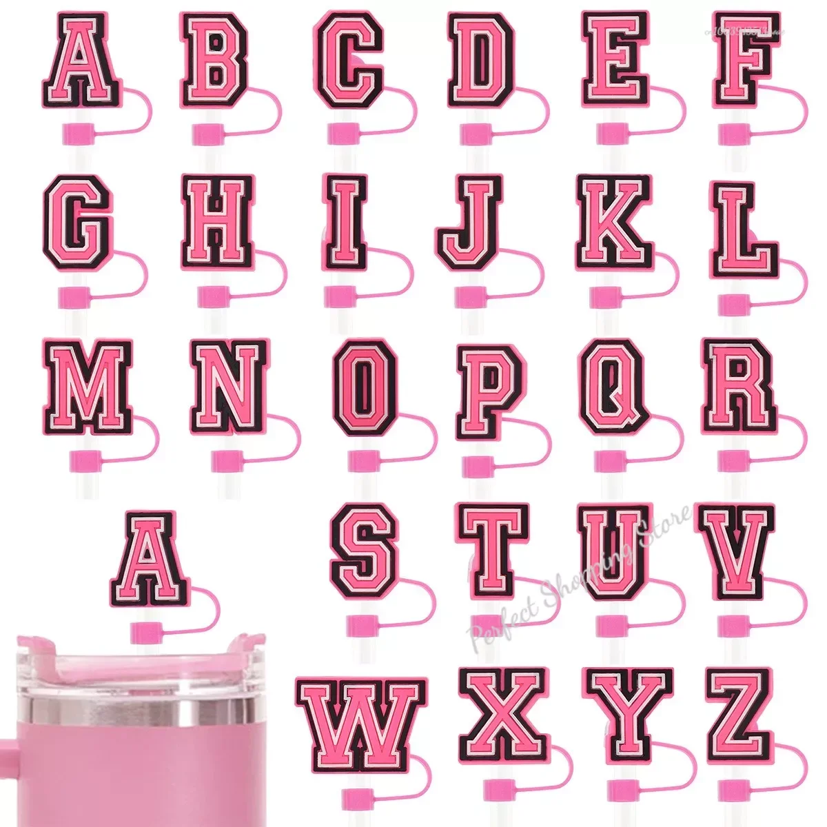 thumbnail image 2 of 1-26 piezas de tapa de pajita con letras rosas de 10 mm, tapón de pajita para bebidas, reutilizable, a prueba de salpicaduras, apto para tazas, colgantes con abalorios, 2 of 4