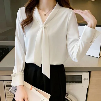 Women Spring Summer Style Blouses Shirts Lady Casual Long Sleeve Bow Tie Collar White Color Blouses Shirts DF4989