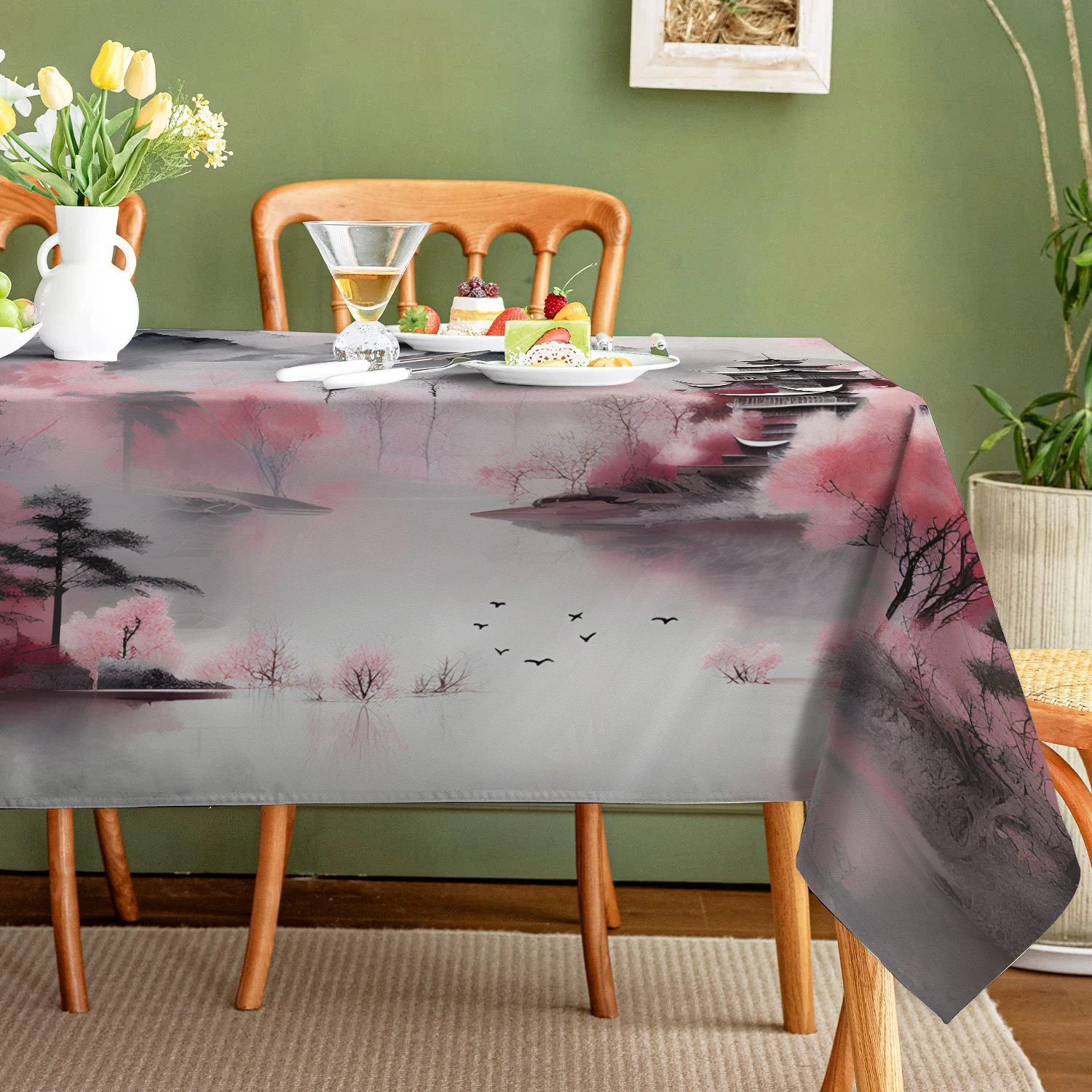 Chinese Ink Style Landscape Stain Resistant Tablecloth Birthday Party Decoration Waterproof Rectangular Polyester Home Decor