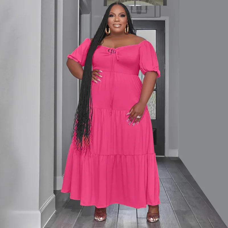 

Plus Size Elegant Lace Up Ruffles Long Dress for Women Lounge Wear O Neck Solid Loose Lady Maxi Dresses Robe Femme Y2K Clothing