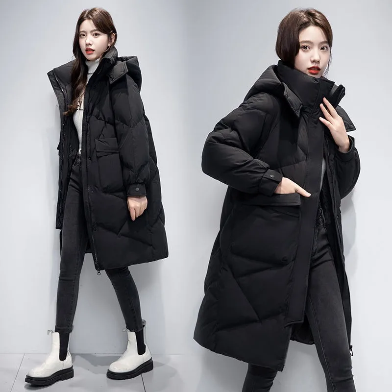2023 New Women Down Jacket Winter Coat Female Warm Thick Parkas Loose Large Size Outwear Mid Length Version Hooded Overcoat