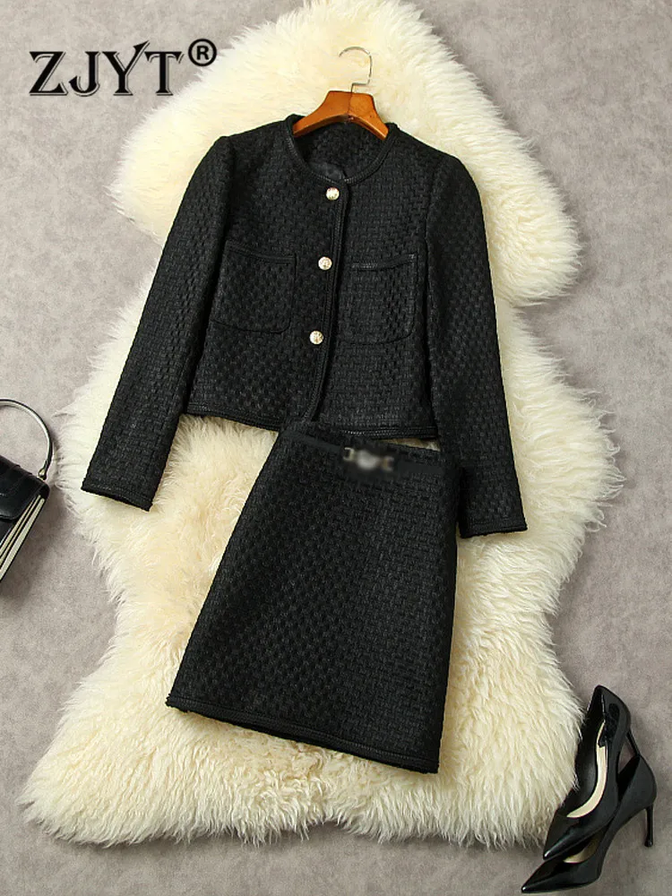 ZJYT Fashion Designer Tweed Woolen Jacket and Skirt Set 2 Piece Womens Outfits Autumn Winter Clothes Solid Black Dress Suits