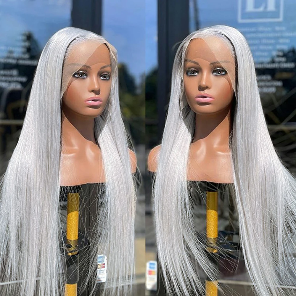 

36Inch HD Transparent Lace Frontal Wig Brazilian Silver Grey Straight Wig 13X6 13X4 Lace Front Human Hair Wigs For Women Colored