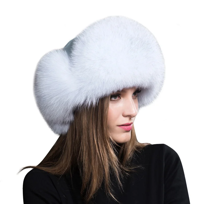 

100% Natural Fox Fur Hat Russion Hat With Ears Flaps Ushanka Women Winter Real Raccoon Fur Cap Warm Fluffy Female Tail Cap