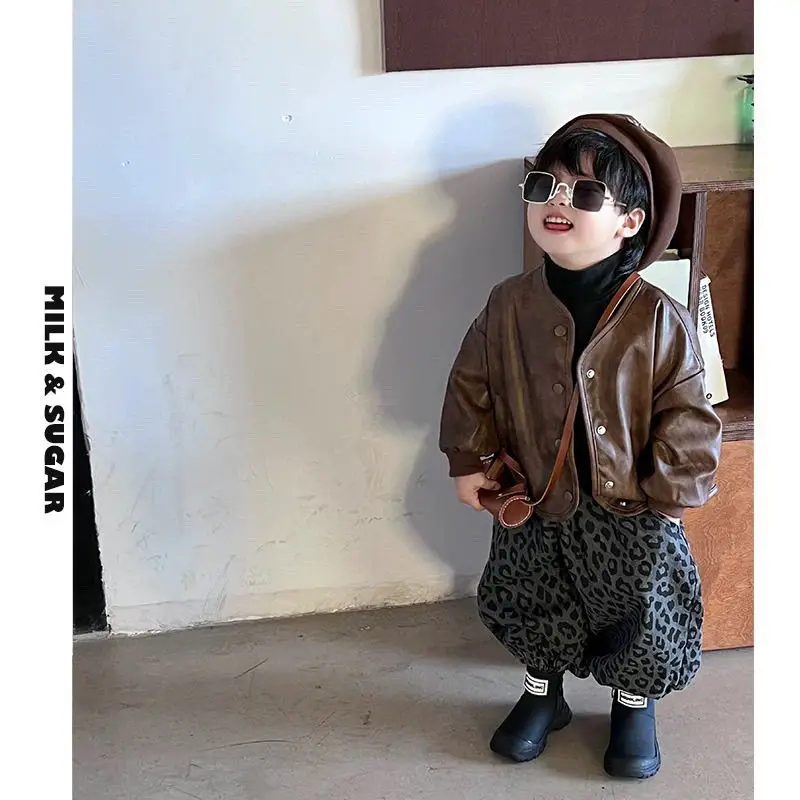 Korean Children's Boys 3pcs Set 2025 New Girl Treasure Retro Khaki Leather Jacket+black Base Shirt+leopard Print Lantern Pants
