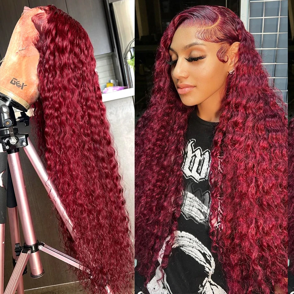 

13x4 HD Lace 99J Red Front Human Hair Wigs 30 34 Inch Burgundy Colored Loose Deep Wave Wig Glueless Transparent Lace Front Wig