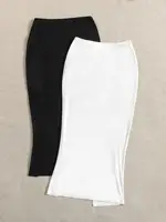 New women's elegant high waist knitted polyester skirt, solid color spring, summer and autumn long skirt, drawstring side slit - Image 2