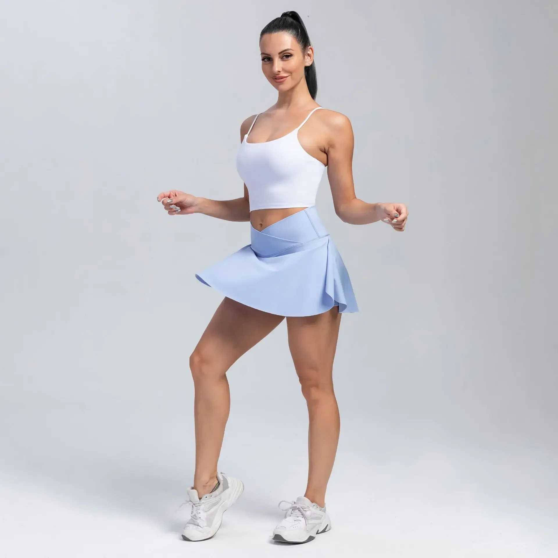 2-in-1 Solid Overlap Tennis Skirts With Shorts, High Waist Inner Pocket Golf Yoga Shorts, Women's Activewear