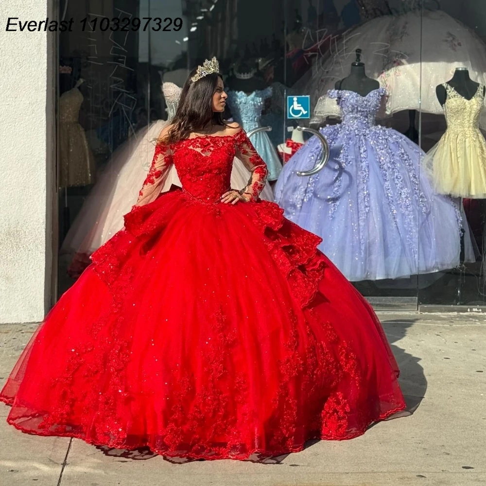EVLAST Long Sleeve Red Quinceanera Dress Ball Gown Lace Applique Beading Tiered Sweet 16 Vestido De 15 Anos QD1064