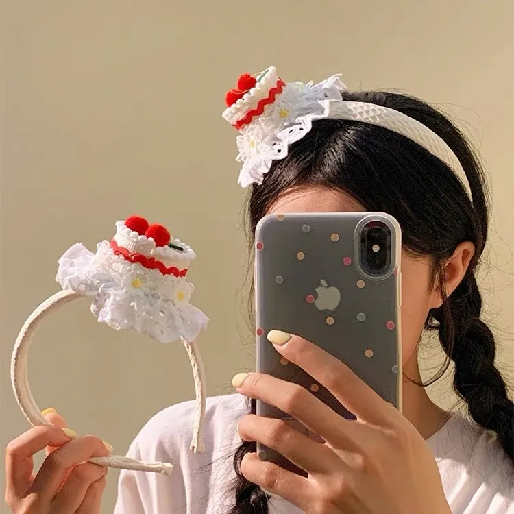 Elegant Cherry Cake Lace Headband for Women - Birthday Photo Hair Accessory