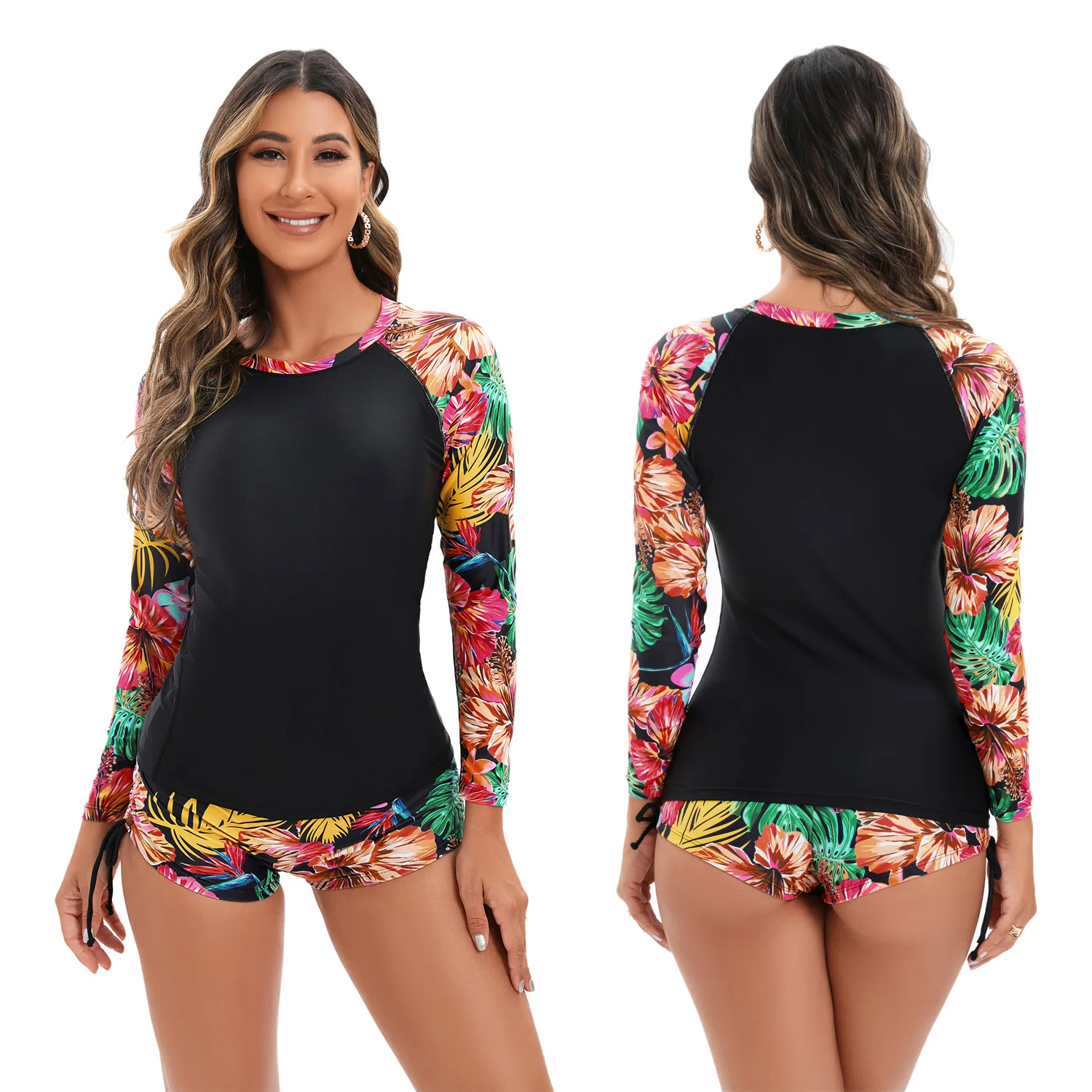 

Europe And America Long Sleeved Boxer Printing Splitting 2-piece set Swimsuit 2023 New Women's Adult diving Suit Bathing Suit