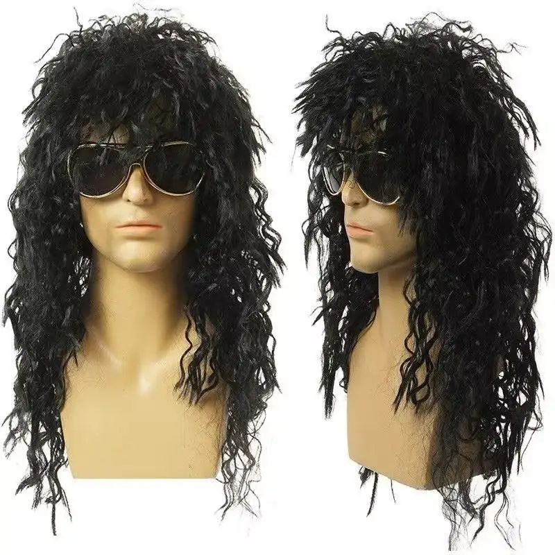 Herren-Vokuhila-Perücke, langes lockiges Haar, Kuss-Perücke, 80er-Jahre-Rocker, synthetische Perücken für Männer, Halloween, Cosplay, DIY, Rollenspiel, Kostüm-Perücke – Detail 3