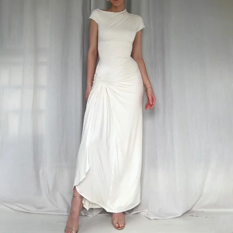 

Summer 2024 New Slim Fit White Long Dress, European and American Sexy Waist Closing Split Short Sleeve Dress, Elegant for Women