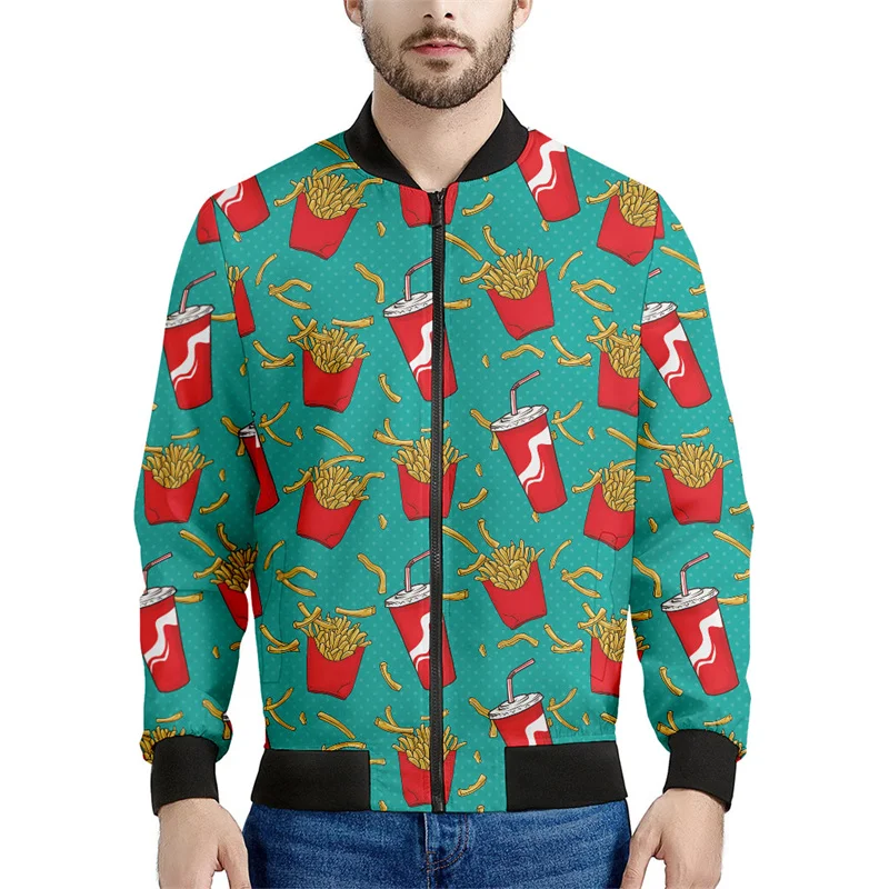 Chaqueta con estampado 3D de dibujos animados de papas fritas para hombre, chaqueta con cremallera, abrigo holgado informal, sudadera con cremallera para primavera y otoño