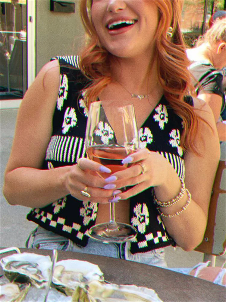 Printed Vintage Fashion Cropped Top Vest - Contrast Sleeveless V-Neck Tank Top for Women