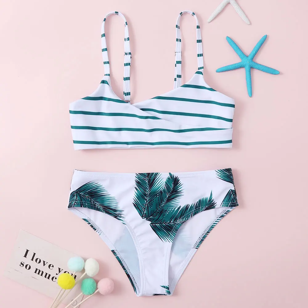 

Tropical&Striped Girl Swimsuit Kids Surplice Neck Bikini Set 7-14 Years Two Piece Children's Swimwear Teen Bathing Suit Biquini