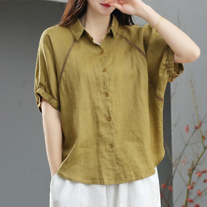 

Fashion Lapel Short Sleeve Folds Casual Shirt Women's Clothing 2023 Summer New Loose All-matchTops Solid Color Korean Blouse