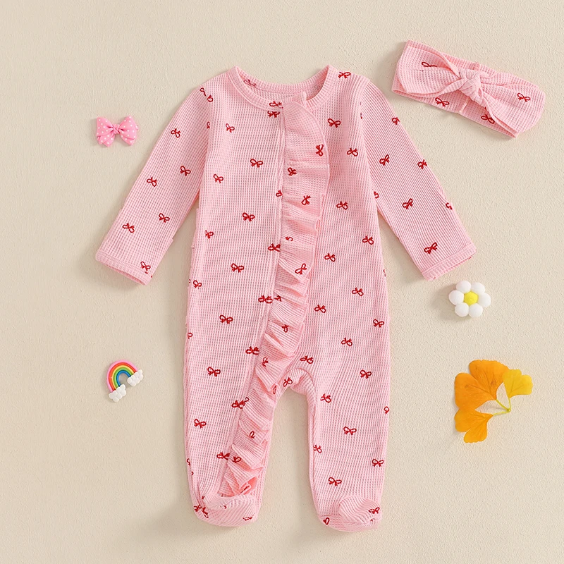 Baby Girl Footies 2Pcs Spring Outfits Ruffle Long Sleeve Bow Print Jumpsuit with Headband Set Newborn Clothes