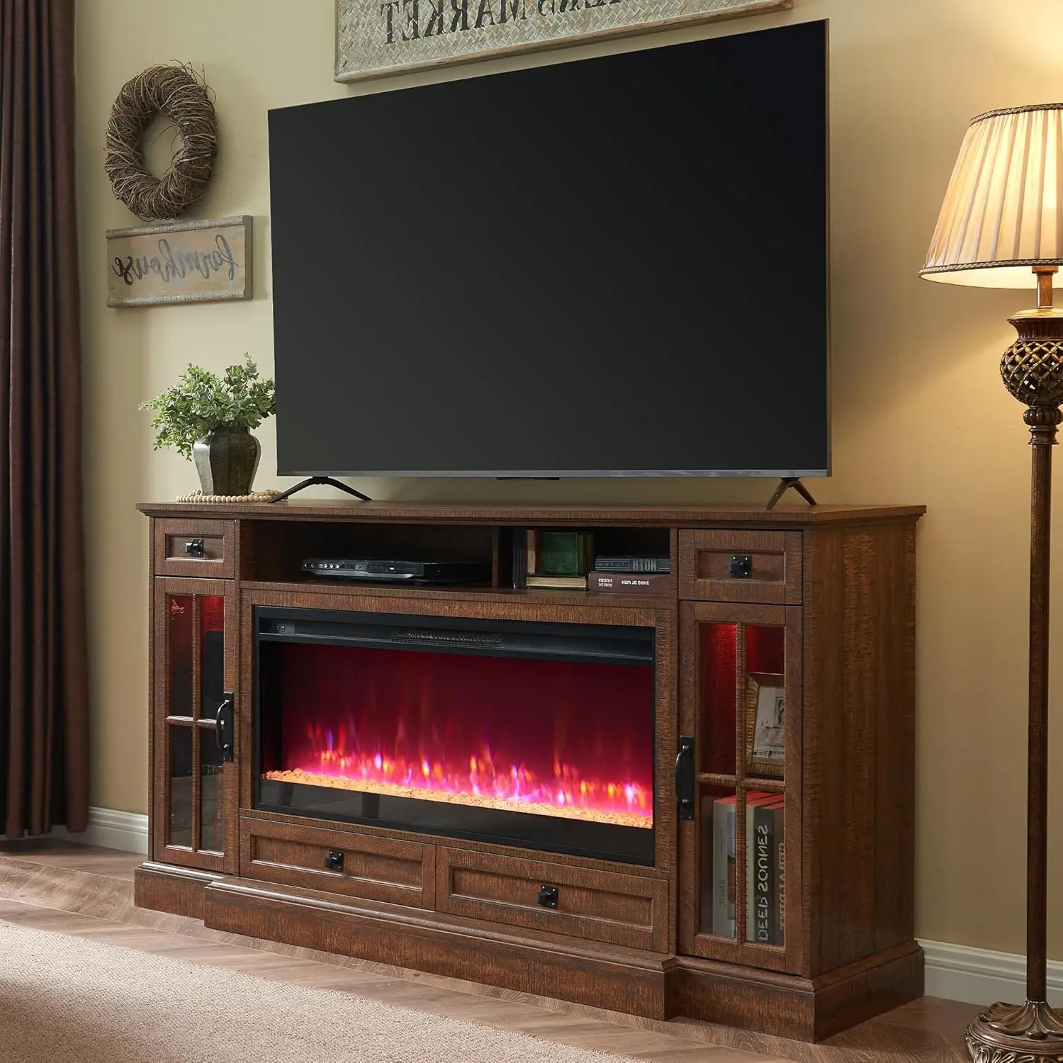 Fireplace TV Stand for 80 Inch TV, Farmhouse Entertainment Center with 42" Fireplace & LED Lights, Modern Media Console Table 6