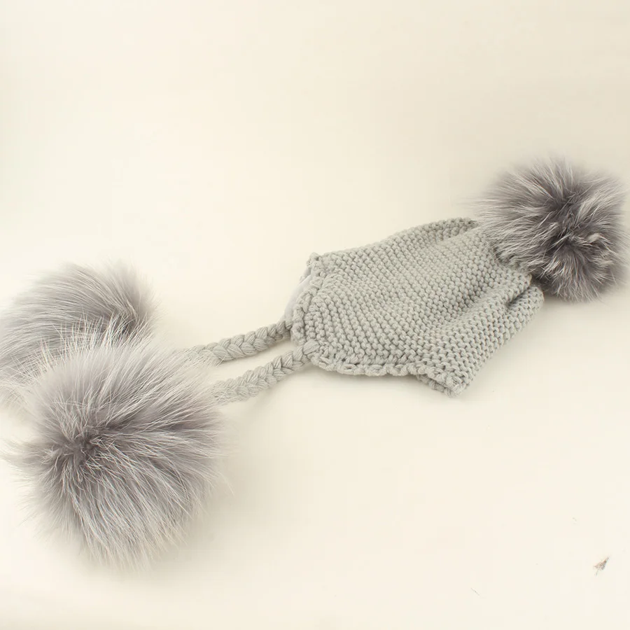 Winter Echtpelz Pompom 3 Ball Hut Warme Samt Futter Gestrickte Mützen Für Kinder Baby Outdoor Feece Kappe Ohr Schutz Hüte – Detail 1