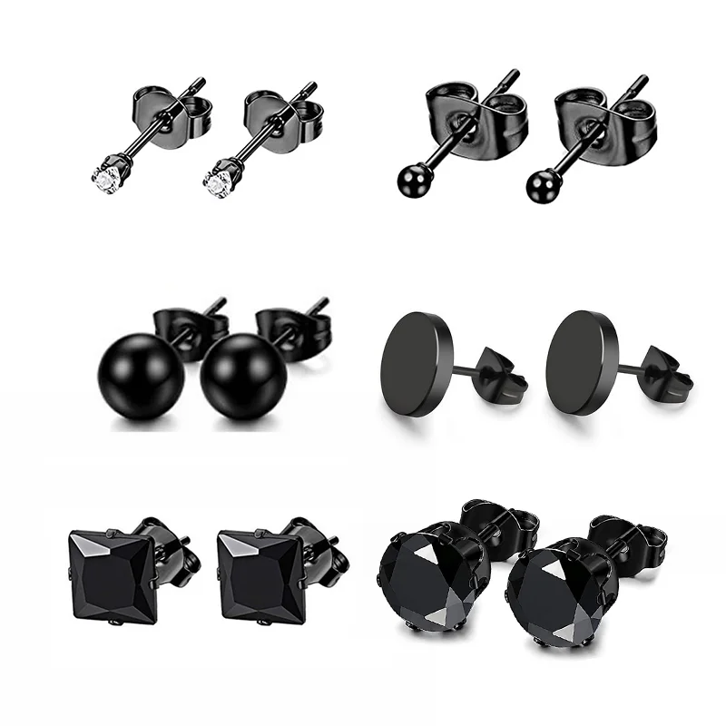 

Stud Earrings For Men Women Small Black Stone CZ Crystal Stainless Steel Punk Cubic Zirconia Helix Hypoallergenic Gothic Jewelry