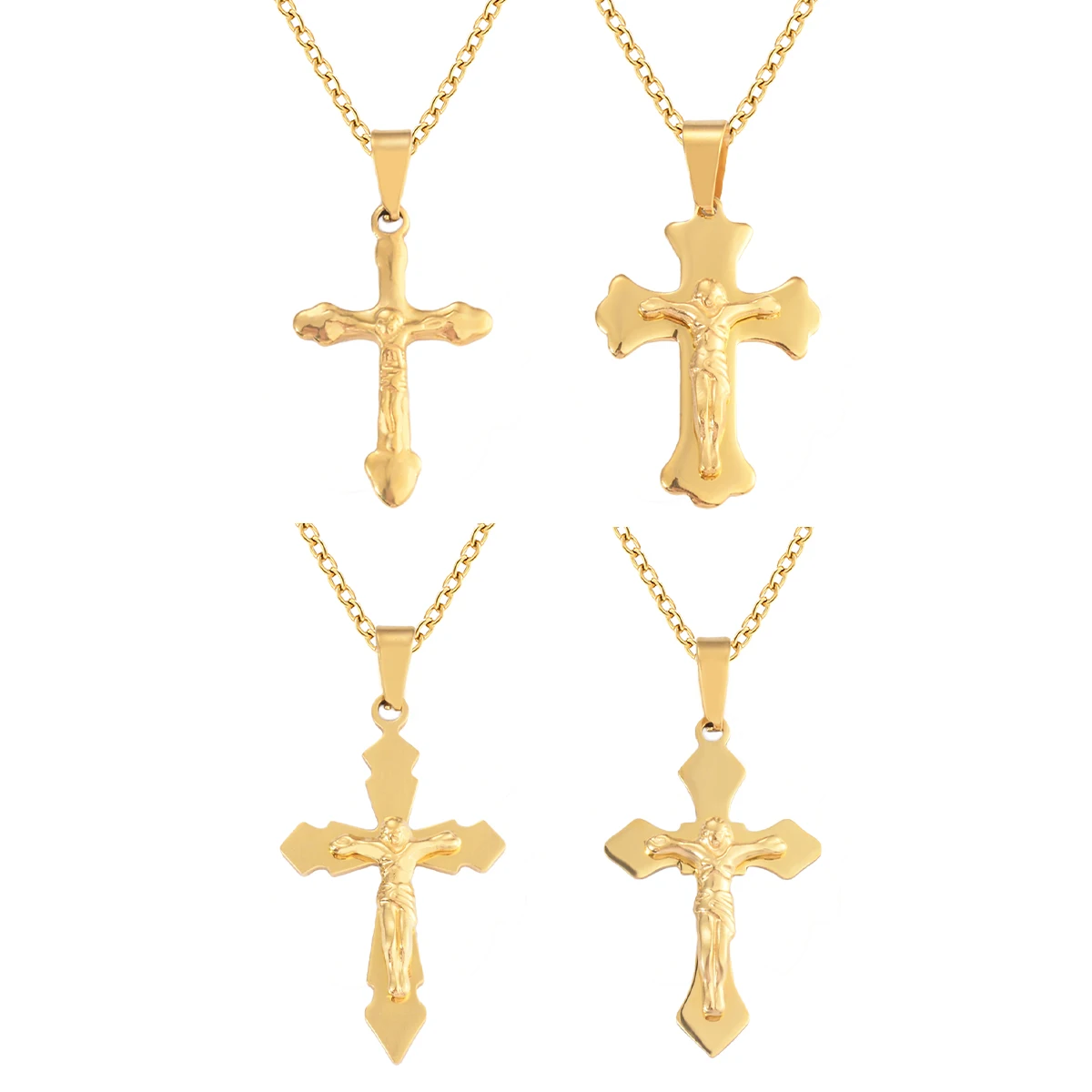 

Mens Women Chain Necklace Gold Color Plated Cross Stainless Steel Crucifix Jesus Pendant Jewelry