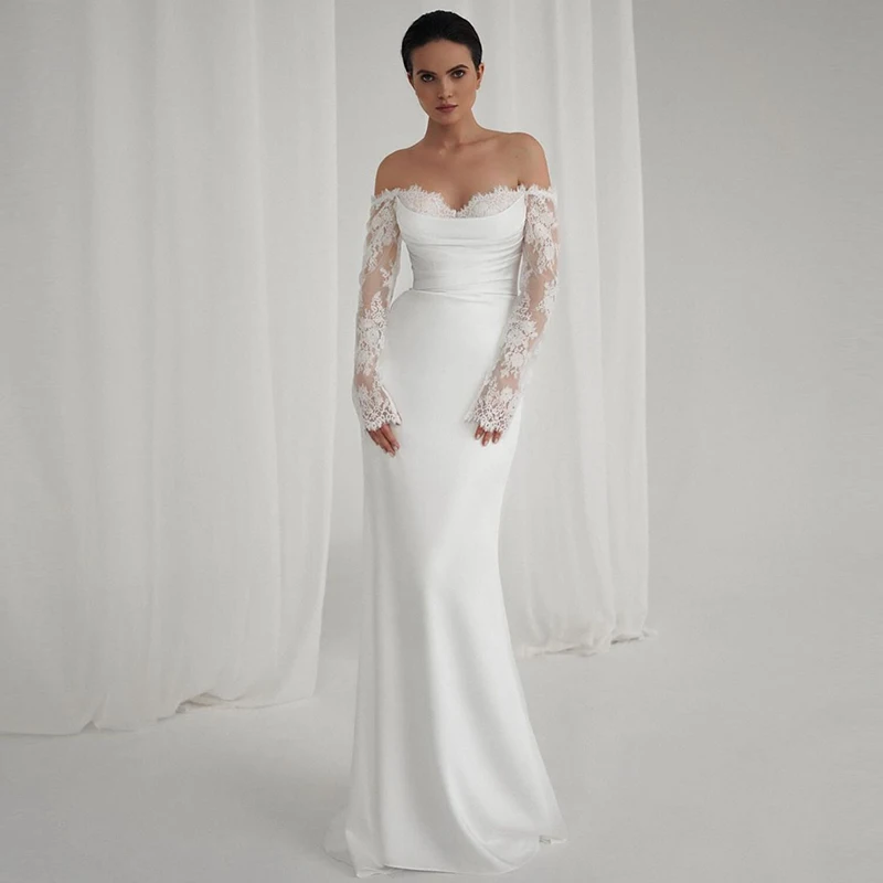 

Off The Shoulder Wedding Dress Lace With Soft Satin A-Line Floor Length Ball Gown V-Neck Full Sleeve Bride Zipper Vestido De Nov