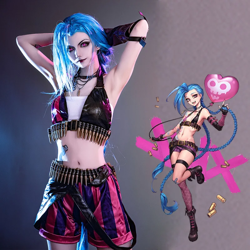 

Jinx Cosplay Costume Anime Game LoL Women Tube Top Stocking Gloves Outfits Halloween Party Clothes For Ladies Role Play Fashion