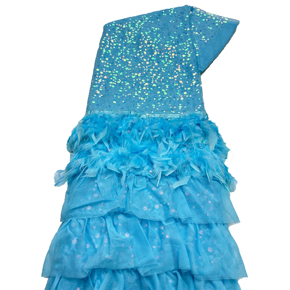 African Feather Lace Fabric Embroidery With Sequins Nigerian Tulle For Wedding Party Long Dress
