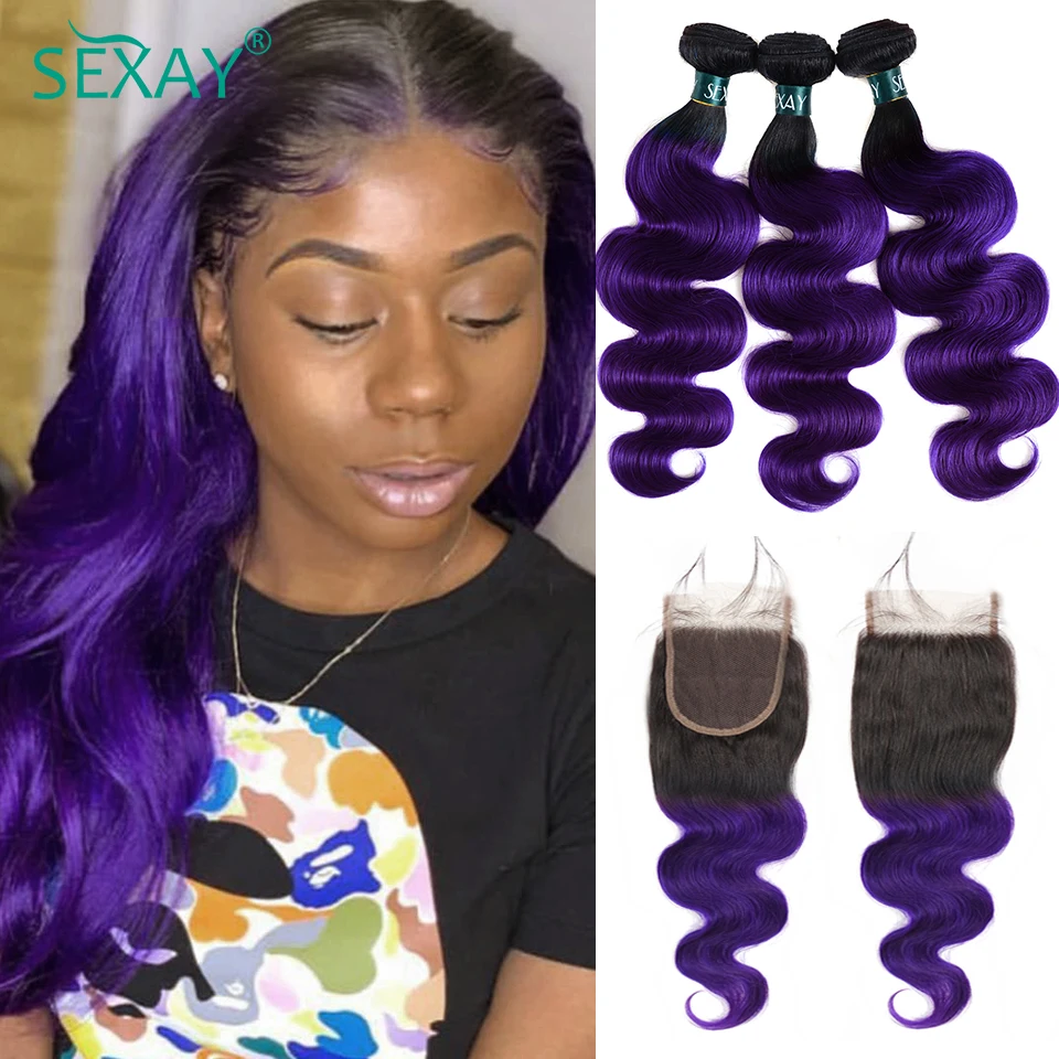 1B Purple Body Wave Hair Bundles With Closure 10-28 Inch Brazilian Ombre Human Hair Weave Bundles With Transparent Lace Closures