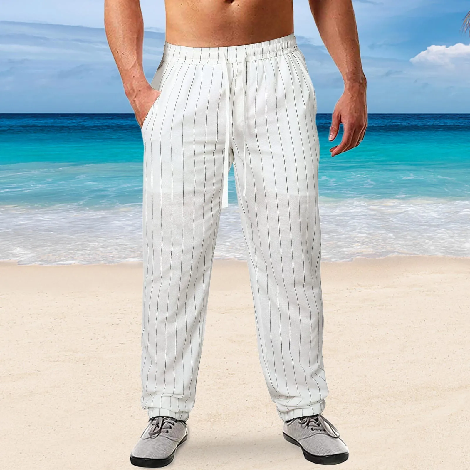 Men Spring And Summer Pinstripe Cotton Sports Pants men pants