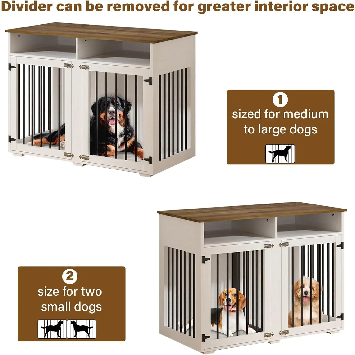 41 inch Dog Crate Furniture for 2 Dogs, Wooden Dog Cage with Storage Compartment, Indoor Dog Kennel with 2 Doors for Medium
