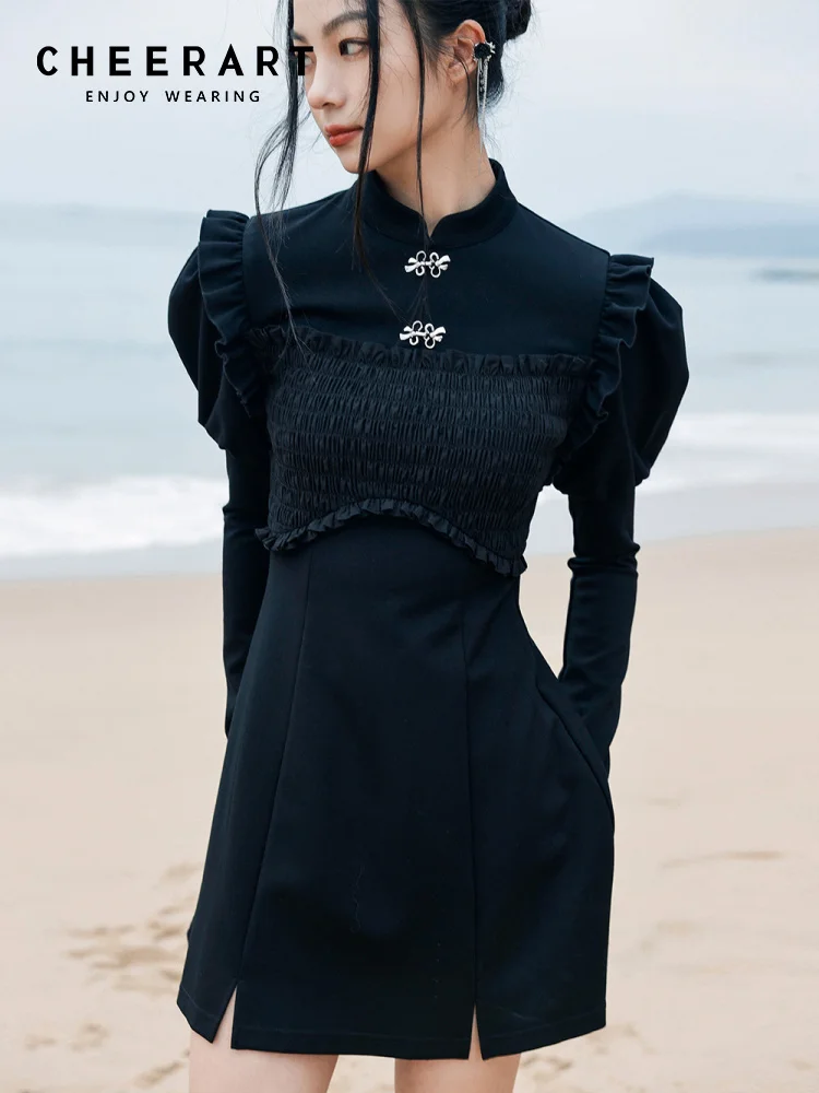 

CHEERART Vintage Puff Sleeve Black Knitted Dress Women Bodycon Ruched Long Sleeve A Line Mini Dress Mandarin Collar Designer