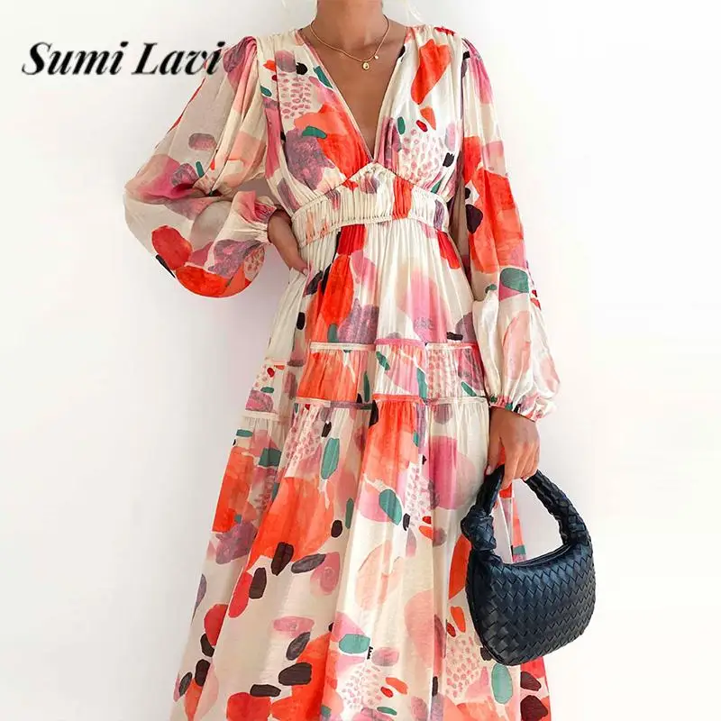 

Fashion Pattern Print A-Line Ladies Dress Casual V Neck High Waist Long Dress Autumn Women Lantern Long Sleeve Pleated Dress New