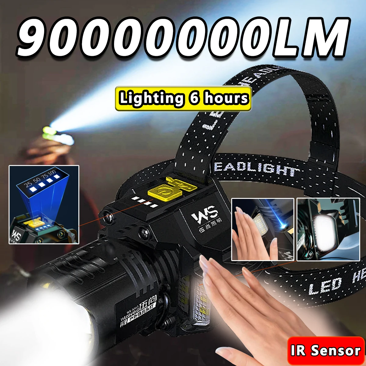 충전식 강력 LED 헤드램프, 텔레스코픽 줌 기능 헤드라이트 - 야외 방수 고광량 작업용 헤드라이트