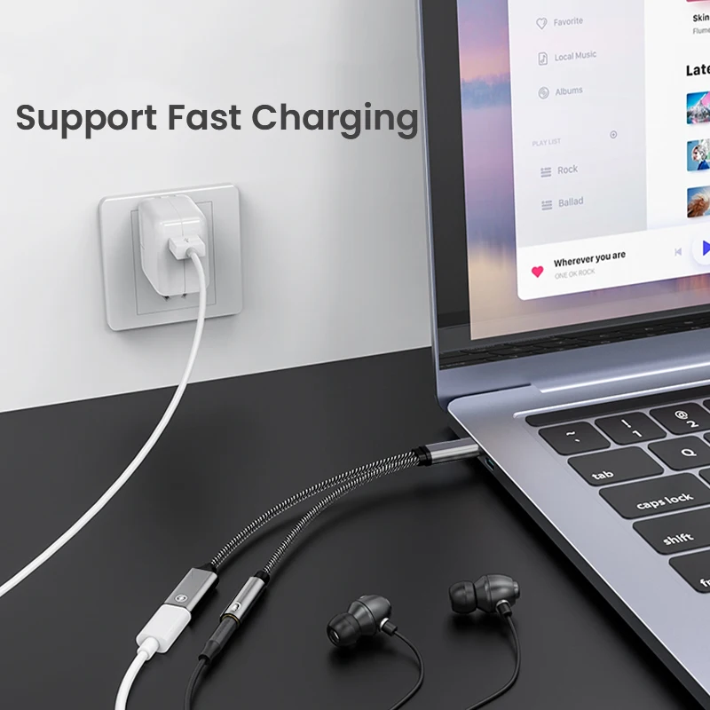 OTG 2 IN 1 Type USB C to 3.5mm Jack AUX Audio Headphone Adapter Fast Charger 60W for Samsung iPhone 15 Huawei Xiaomi Tablet iPad