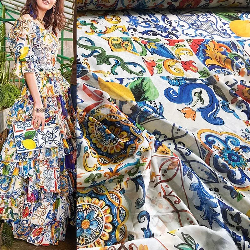 

Fashion Blue And White Porcelain Pattern Natural Silk Chiffon Fabric For Woman Pajamas Dress Blouse DIY Cloth Sewing
