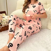 Pyjama rose foncé pour femmes, T-shirt et pantalon à manches courtes avec lettres imprimées, vêtements de nuit, 2 pièces, vêtements de maison décontractés 2