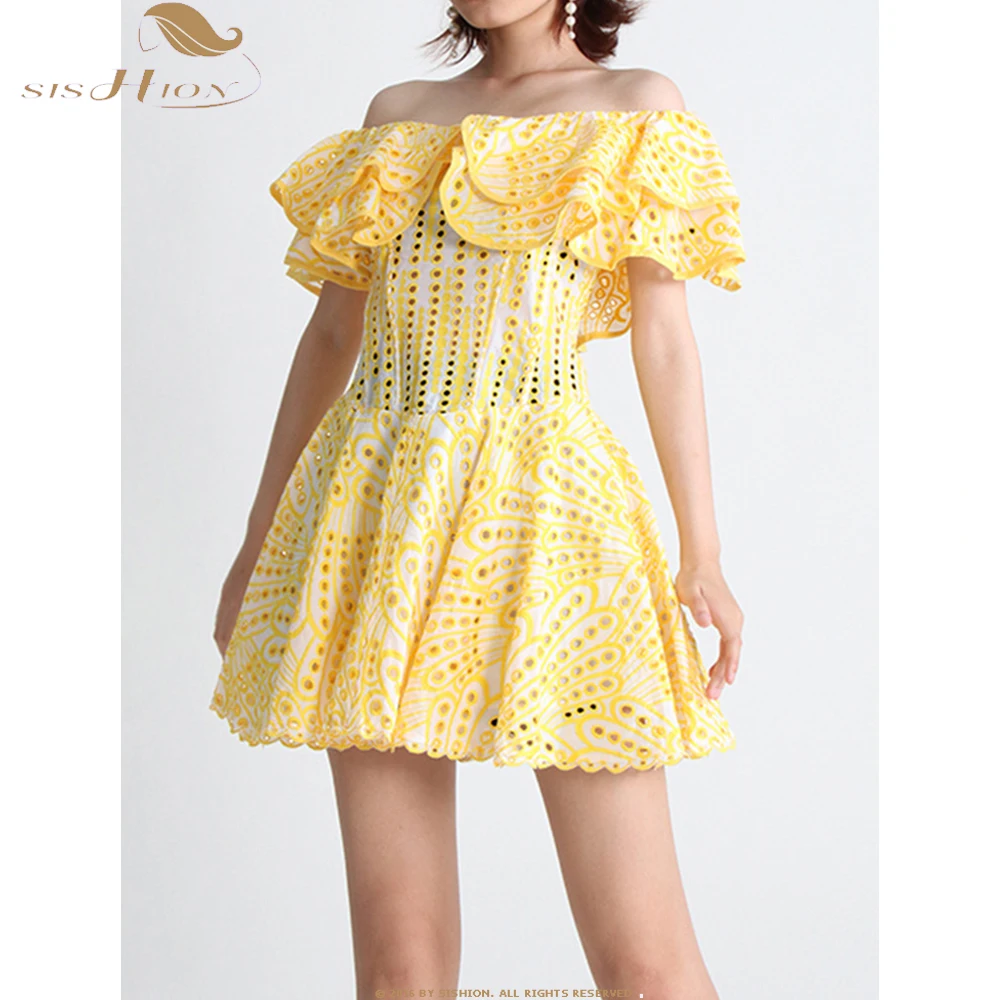 

Sexy Embroidery Mini Dress For Women Slash Neck Short Sleeve High Waist Cut Out Ruffles Dresses Female Summer Clothing SR727