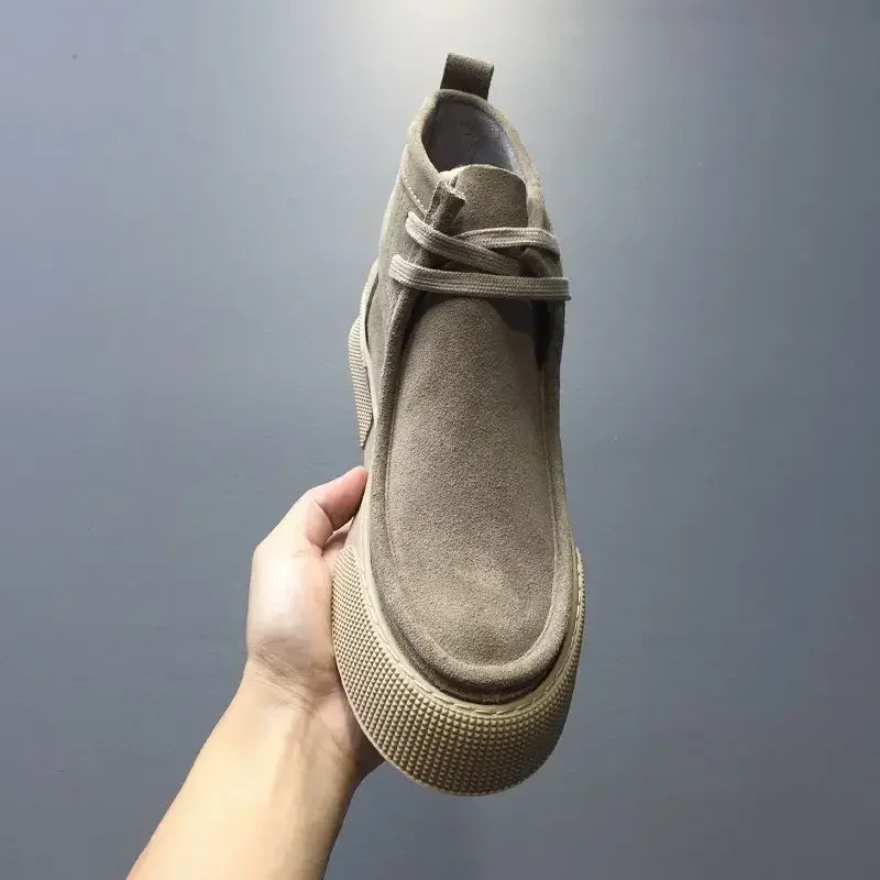 Men Retro Leather Shoes Thick Sole Mid Top Couple Casual Short Boots Autumn/Winter Men's Ankle Boots Thick Sole Desert
