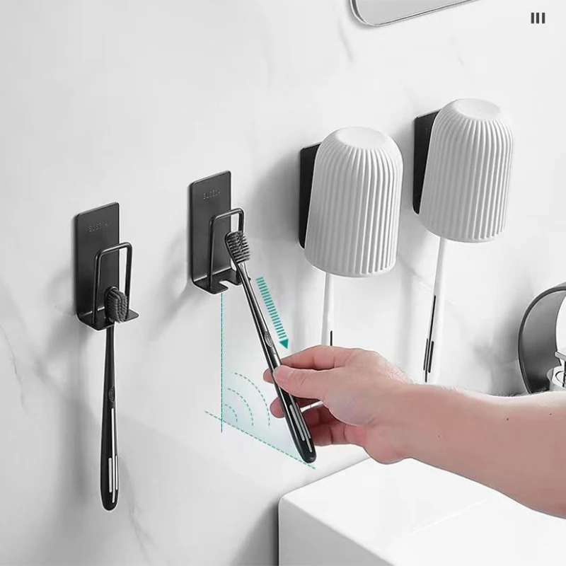 Self-adhesive Wall Mount Stainless Steel Toothbrush Holder Punch-free Toothpaste Organizer Mouthwash Cup Stand Bathroom Tools