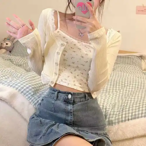 여성용 싱글 브레스트 가디건 세트, 섹시한 소녀 크롭 캐미솔, 부드러운 스트리트웨어, 홀리데이 신상, 신선한 시크, 여름 2