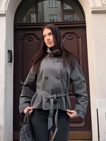 Manteau trench court croisé ceinturé pour femme, col montant, manches longues, décontracté, nouvelle collection, vêtement d'extérieur pour femmes 2