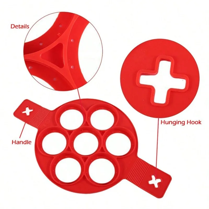 7-Cavity Silicone Pancake & Egg Ring Mold - Non-Stick Round Baking Tool  for  Breakfast  Sandwiches  and  Omelets  (Red)