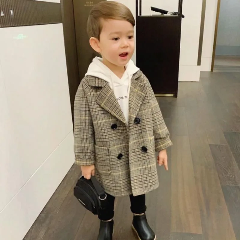 Spring Autumn Boys Jackets Child Girl Woolen Double-breasted Baby Trench Coat Lapel Kids Outerwear Winter Wool Overcoat